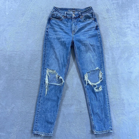 American Eagle‎ Mom Jeans Women's 0 Distressed Mid Rise Blue Denim - Picture 1 of 11